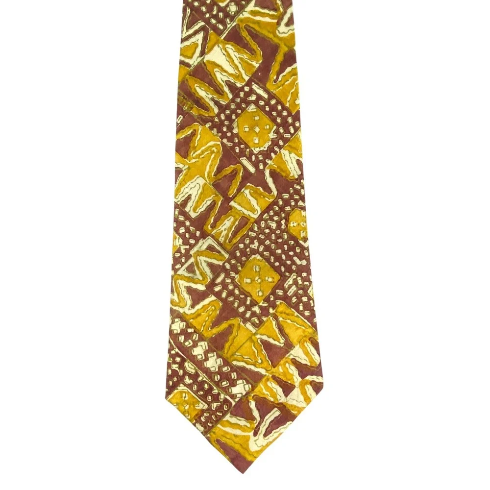 HanFabs Mens Silk Tie Batik Geometric Yellow Brown Rust Tribal Artsy Tribal 56x4
